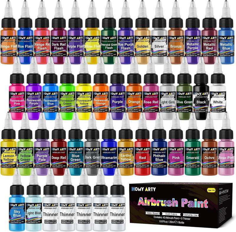 Airbrush Paint - 43 Colors with 5 Thinner, Ready to Spray Airbrush Paint Set, Wa gallery