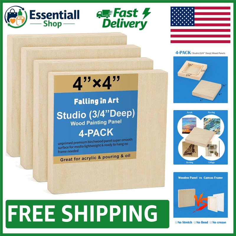 4 Pack of 4×4” Birch Wood Cradle Boards – Perfect for Painting & DIY Crafts