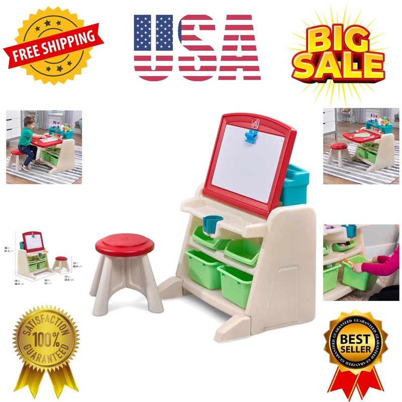Flip & Doodle Easel Desk With Stool, Kids 2 in 1 Activity Table, Art Board, M...