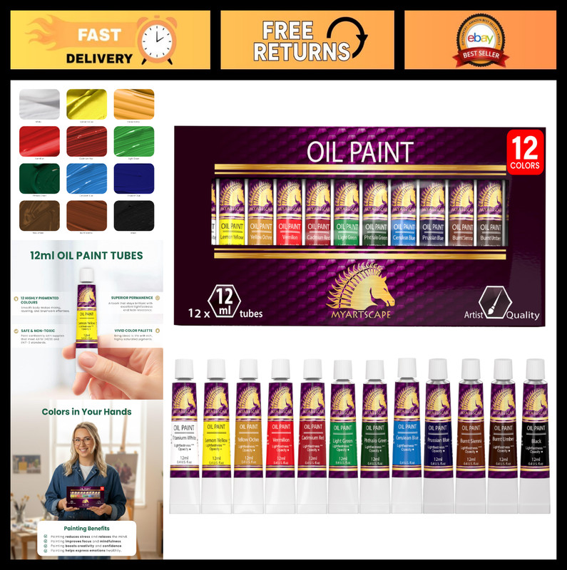 12 Color Oil Paint Set – 12ml Tubes, Heavy Body, Lightfast, Vibrant Artist Quali