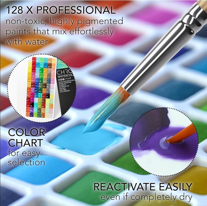 CHROMATEK Watercolor Paint Set, 128 Vivid Colors in Portable Box With Pad, Brush gallery