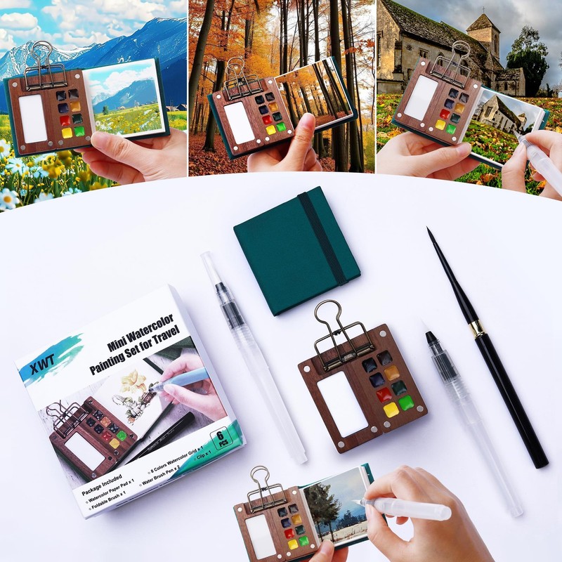 XWT Mini Watercolor Paint Set, Portable Travel 1 Count (Pack of 9), 8 Colors