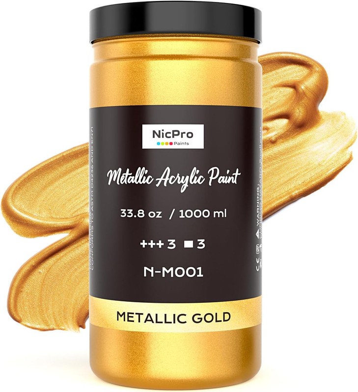 Nicpro Acrylic Paint Metallic Gold, 33.8 Fl Oz (Pack of 1), Gold