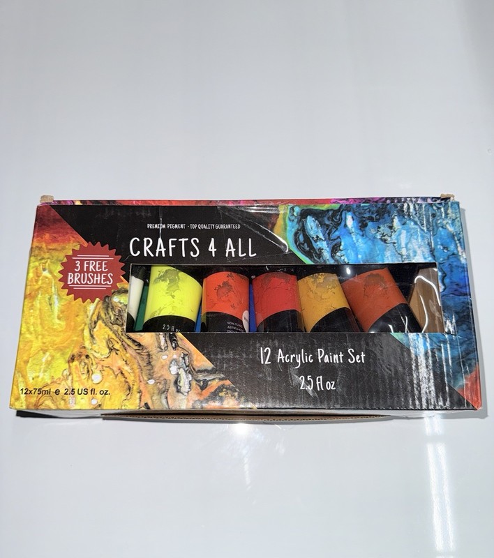 Crafts 4 All 12 Acrylic Paint Set Multicolor Non-Toxic ASTM D-4236 w/ Brushes