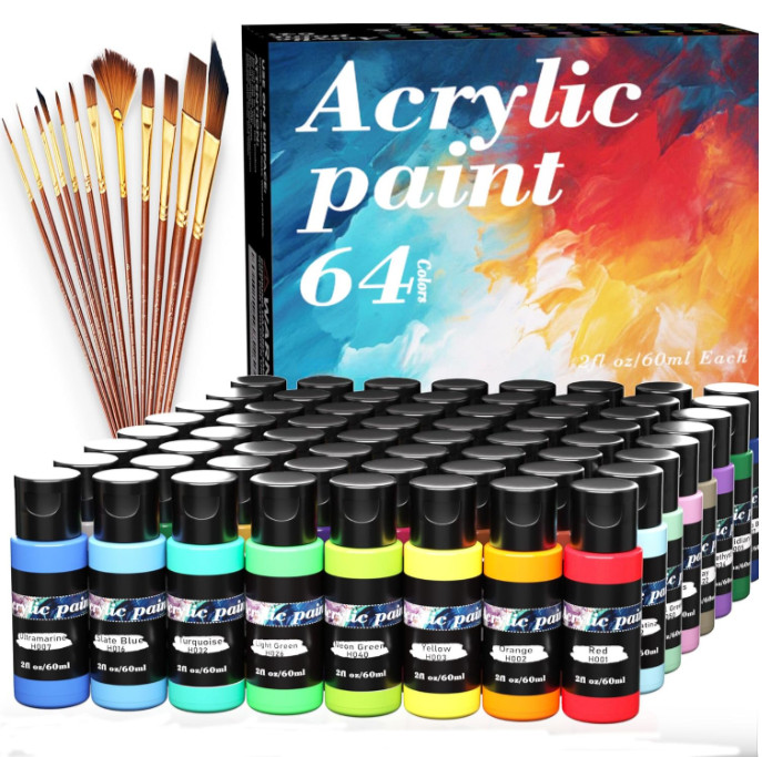 Set de Pintura Acrílica 64 Colores 60 ml con 12 Pinceles para Arte y Manualidade