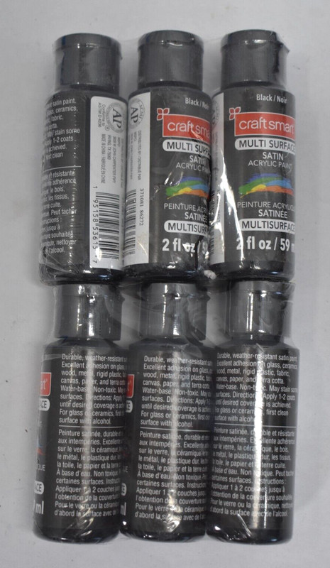 Lot of 6 Craft Smart Multi Surface Satin Acrylic Paint Bottles Black 2oz 371081