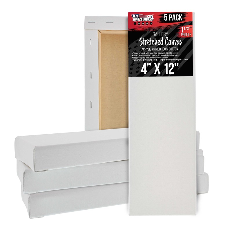 4″ x 12″ Gallery Depth 1-1/2″ Profile Stretched Canvas 5-Pack – Gesso Primed