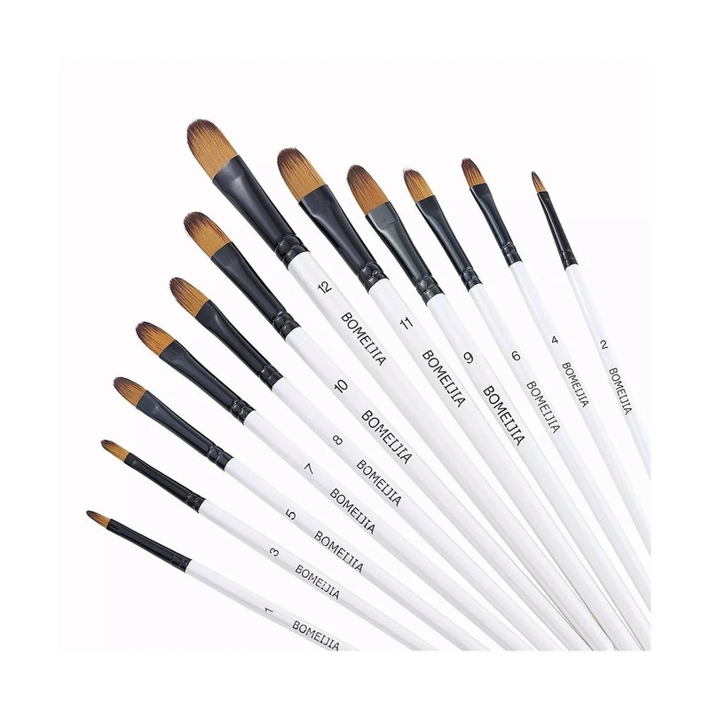 Filbert Paint Brushes Set 12 Pcs Sizes Soft Nylon Tips Ergonomic Wooden Handles