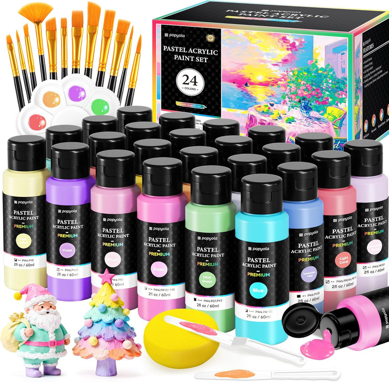 40 PCS Pastel Acrylic Paint Set with 12 Brushes, 2 Knives & Palette, 24 Colors (