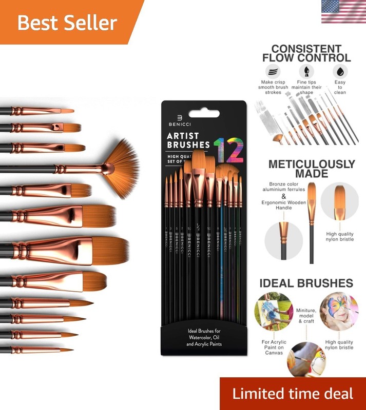 Professional 12-Piece Artist Paint Brush Set for Acrylic, Oil & Watercolor