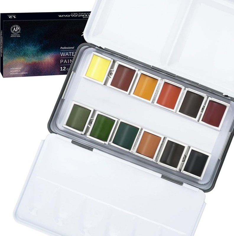 Professional Watercolor Paint Set - Earth Tone, 12 Woodland Colors Half Pan W...
