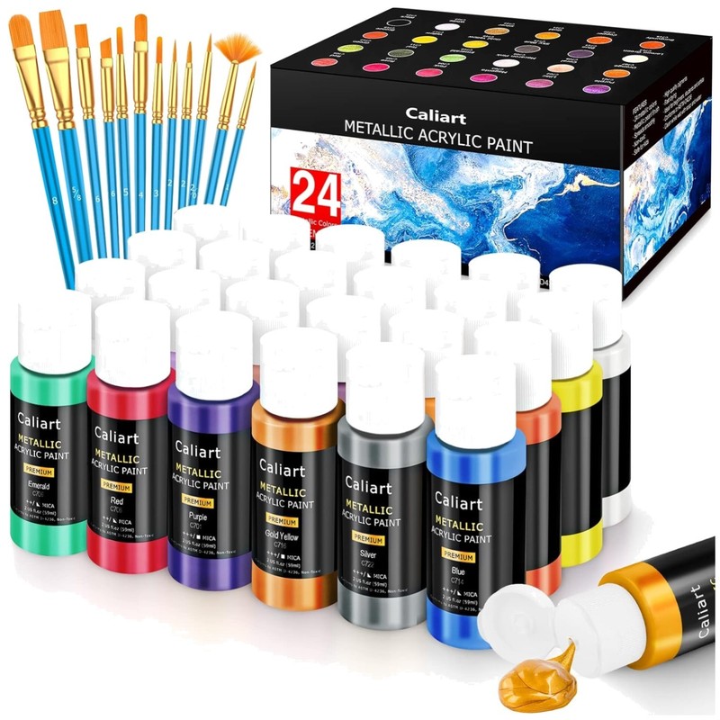 Metallic Acrylic Paint Set, 24 Colors + 12 Brushes
