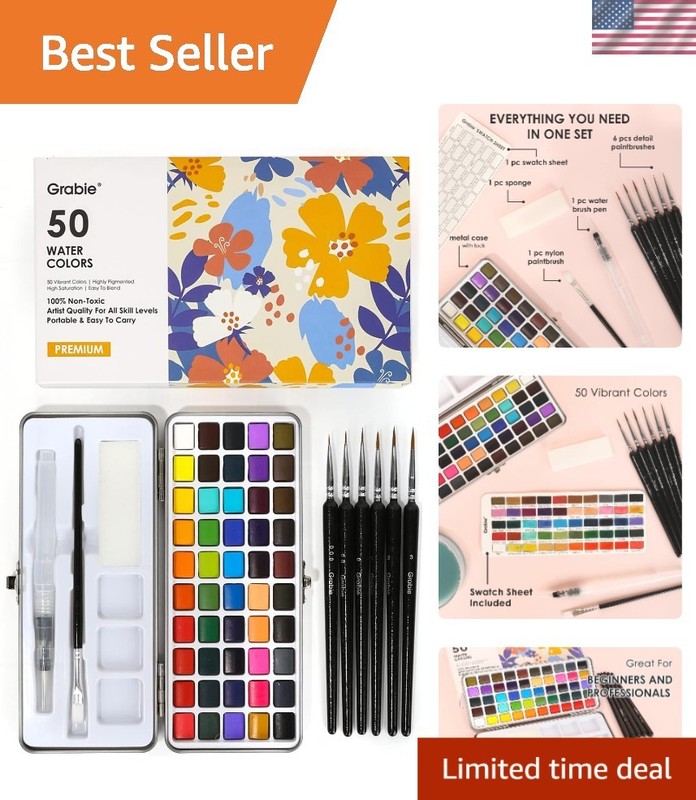 50 Color Watercolor Paint Set with Brushes for Artists & Beginners
