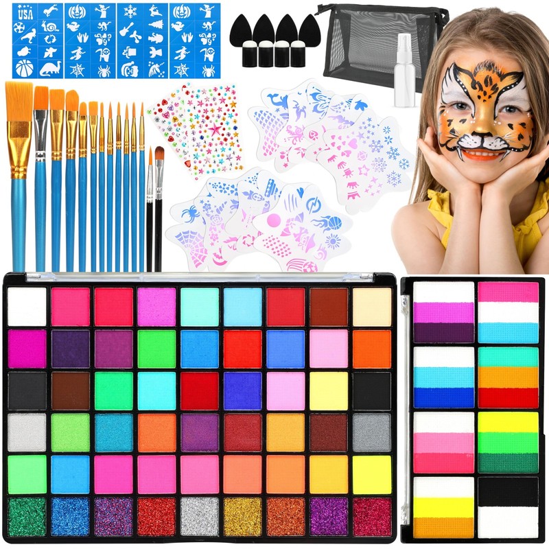54 Colors Face Painting Kit for Kids,18 Split Cake Water Colorful
