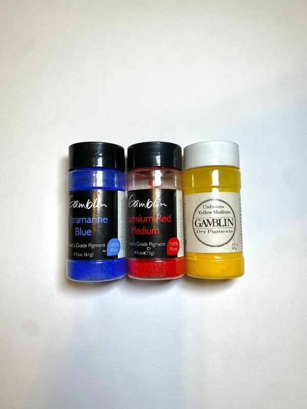 Set of three Gamblin Artist Pigments Ultramarine Blue, Cadmium Red and Yellow