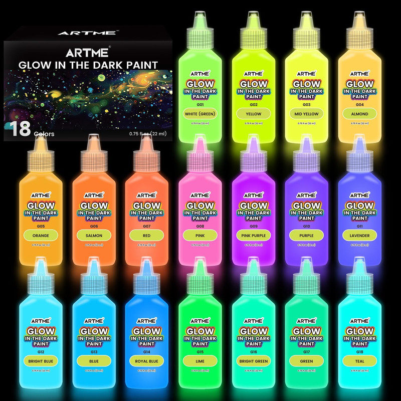 Pintura fluorescente, 18 colores brillantes, 22 ml/0,75 oz, luz negra