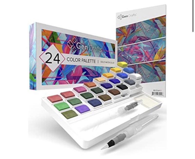 GenCrafts 24 Color Solid Watercolor Palette w/ Paper Pad and 2 Brush Pens SEALED