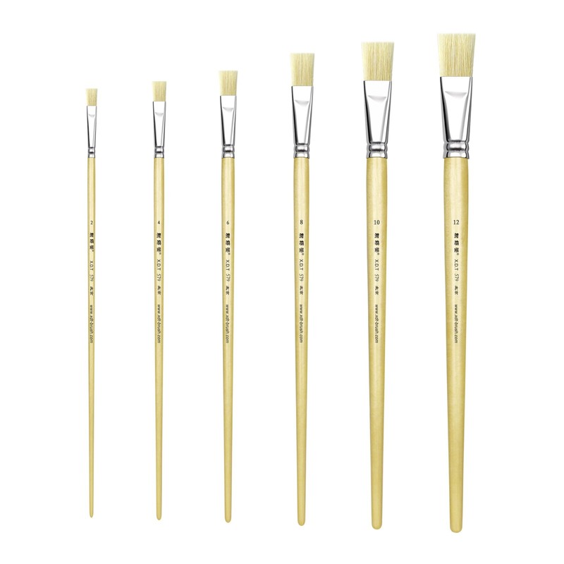XDT#579 Flat Art Brush Set 6Pc #1#3#5#7#9#11 Hog Bristle X-Long Handle Oil