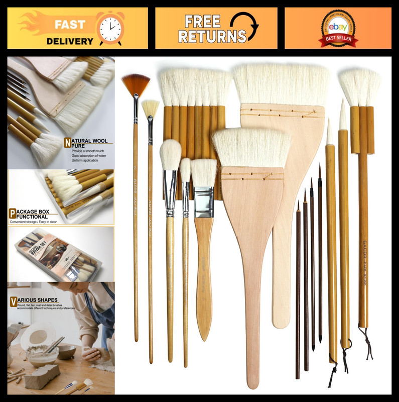 15 Pcs Ceramic Pottery Brush Set with Storage Box - Wool Bamboo Hake for Glazing