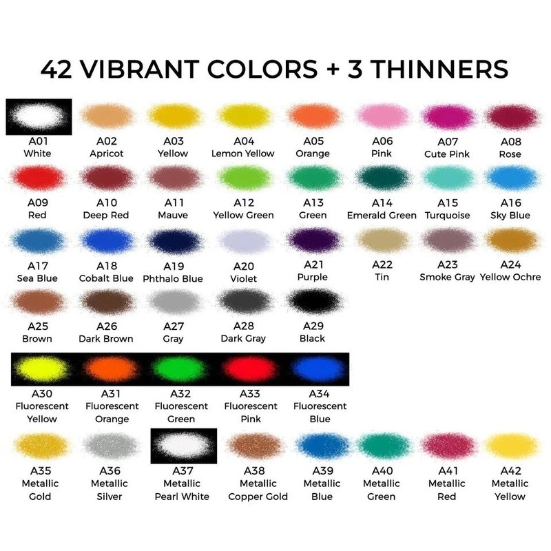 42 Color Acrylic Airbrush Paint Set with Thinners - Opaque, Metallic, Neon gallery