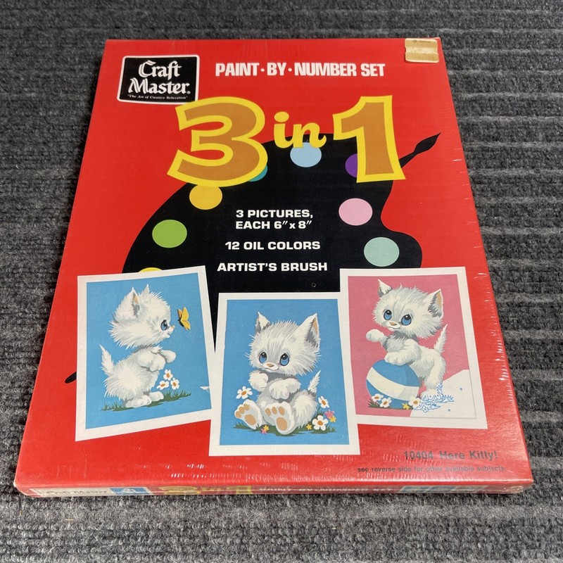 Vintage CRAFT MASTER Paint by Number 3-in-1 Set Oil Painting Kit Here Kitty 1972