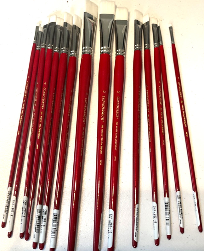 New professional Artist White Taklon long handle Brights sizes 1-12 lot of 15