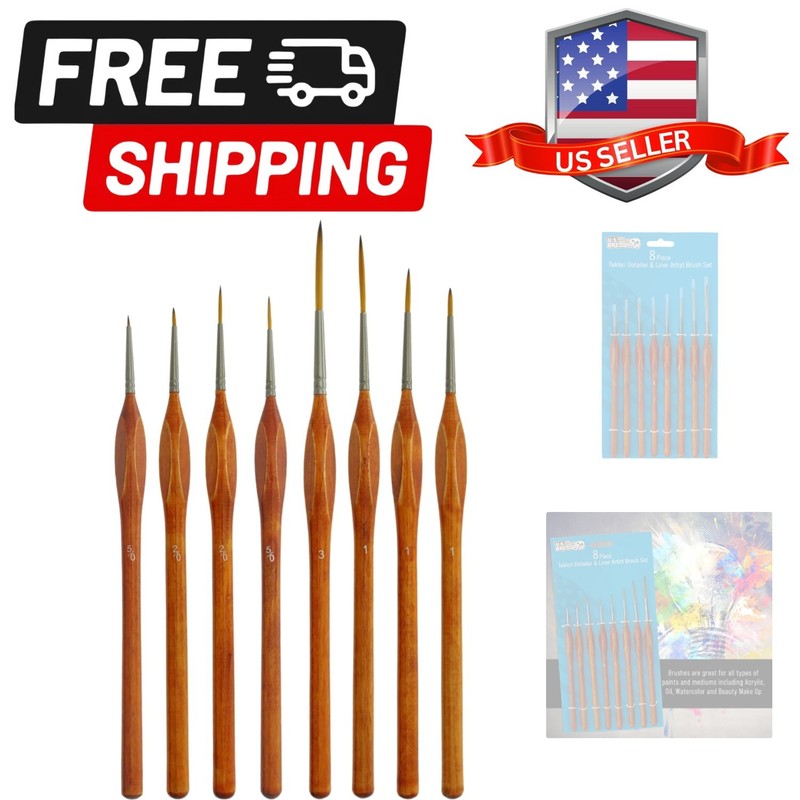8 Piece Taklon Detail and Liner Artist Brush Set with Wood Comfort Grip Handl…