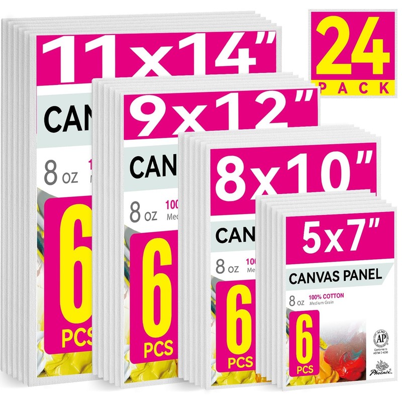 24 Pack Canvases for Painting – 5×7, 8×10, 9×12, 11×14 Inch, 8 Oz Triple Prim…