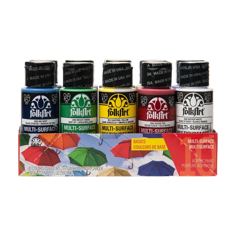 FolkArt 10 Piece Multi Surface Acrylic Paint Set 20 Fl Oz Brilliant Colors