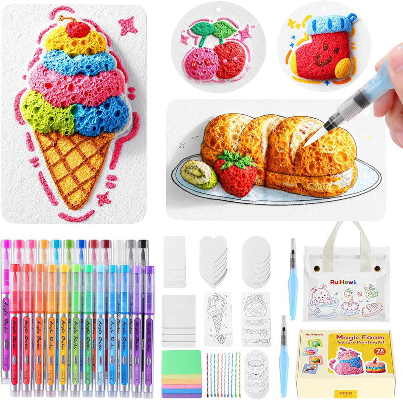 3D Magic Foam Texture Painting Kit, 75 Pcs Puff Paint Art Supplies with 24 Auto-