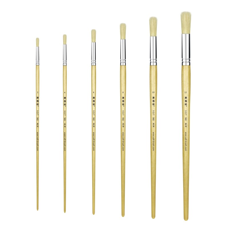 XDT#582 Round Tip Art Brush Set 6Pc #2#4#6#8#10#12 Hog Bristle X-Long Handle Oil