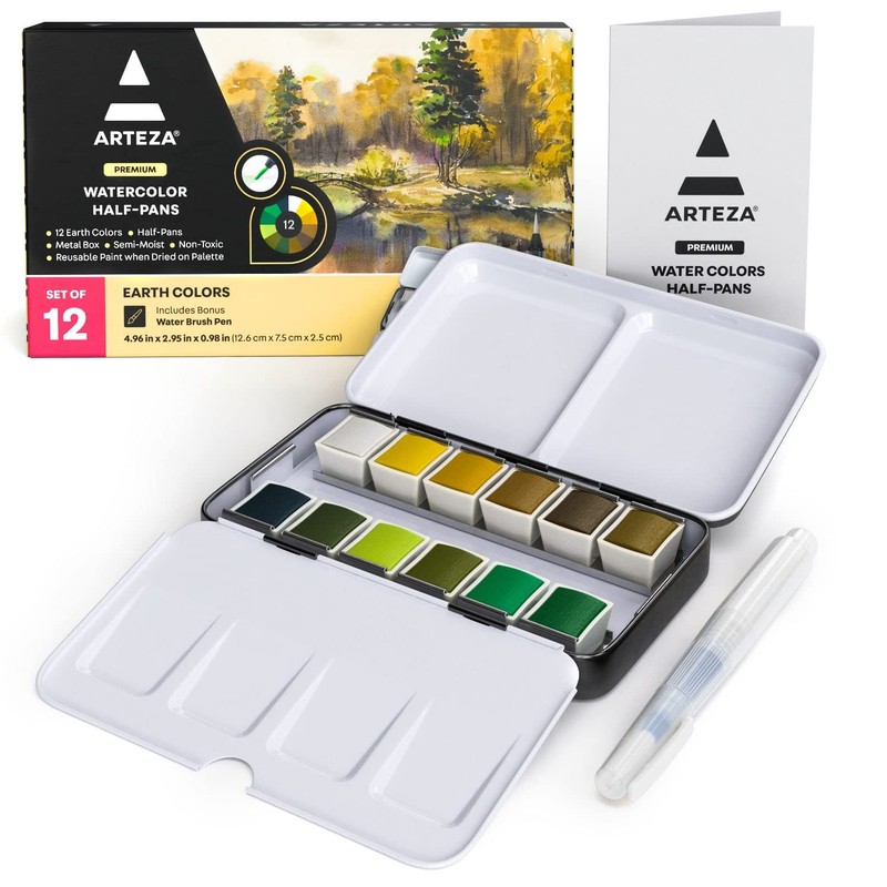 Watercolor Paint Set 12 Earth Tones Half Pans With Brush Semi Moist Set