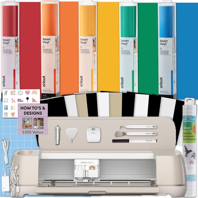 Cricut Maker 4 Smart Cutting Machine Rainbow Vinyl Bundle w Tools Adhesive Rolls