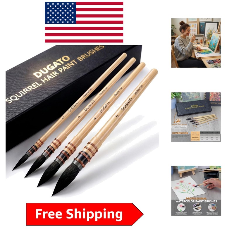 Professional Quality Watercolor Brushes – Ergonomic Wooden Handles – 4-Piece Set