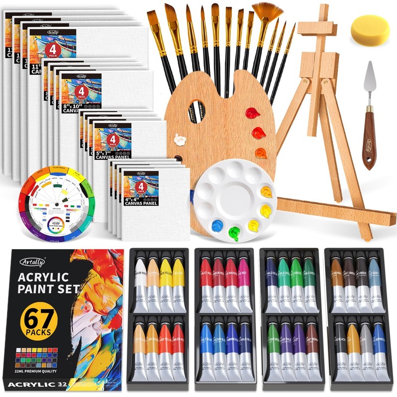 Acrylic Paint Set for Adults & Kids, 67 Pcs Canvas Painting Kits, 32 Colors A…