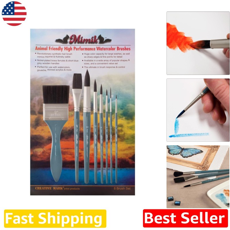 Mimik Professional Watercolor Brushes – 8pc Set – Synthetic Squirrel Hair – H…