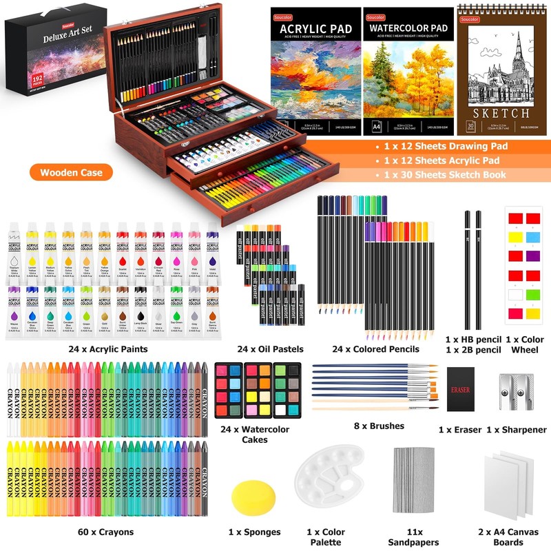 Soucolor Art Supplies, 192-Pack Deluxe Set Drawing Painting A4, Brown gallery