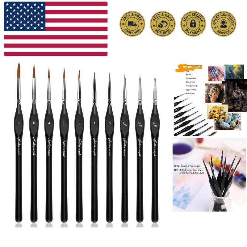 Detail Paint Brushes Set 10pcs Miniature Brushes for Fine Detailing & Art Pai...