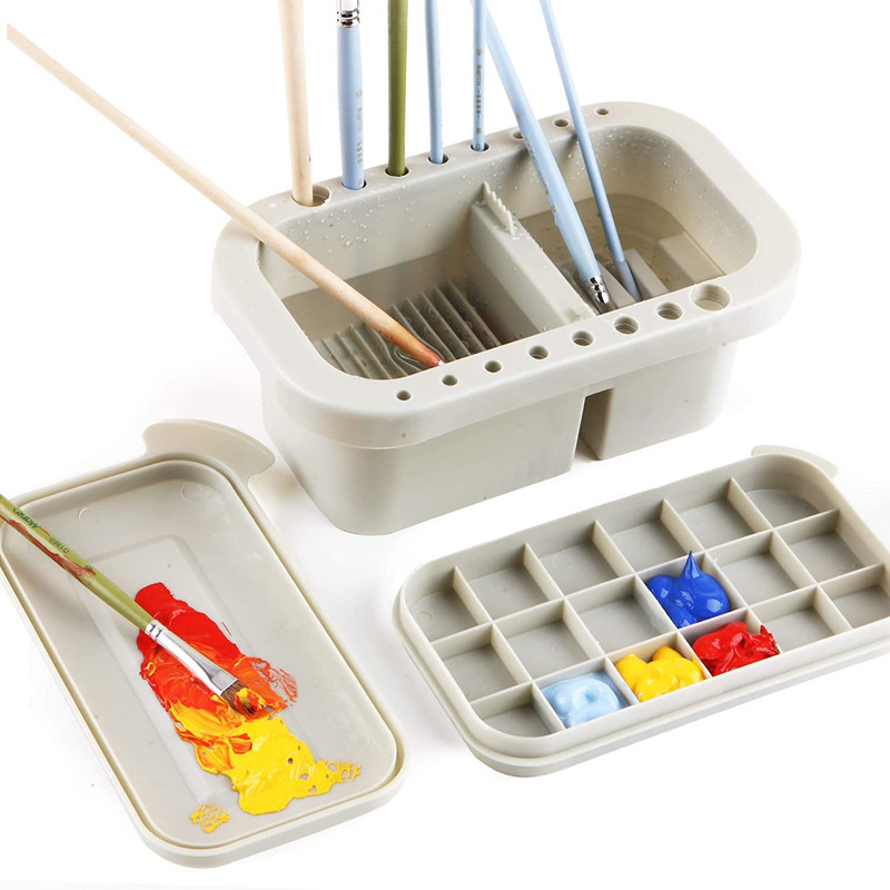 Multi-Use Paint Brush Basin with Brushes Holder,Washer,Trays,Palette Box-Artist