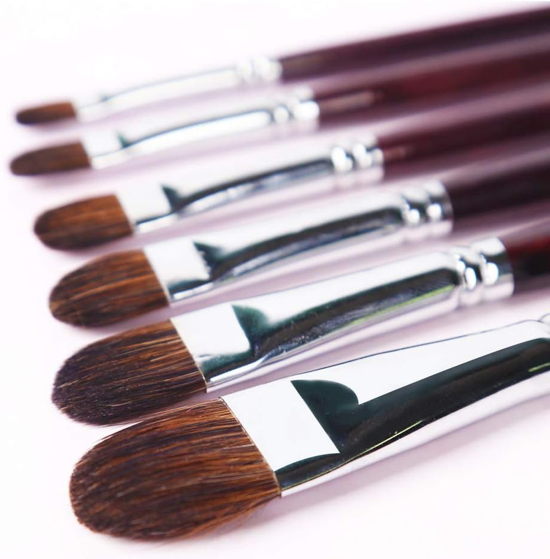 Red Sable Filbert Paint Brushes 6pcs for Watercolor, Acrylic, Oil, Tempera and G