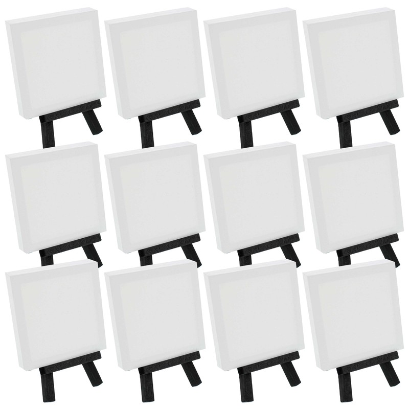 12pk 3″ x 3″ Canvas & 5″ Mini Black Wood Display Easel Kit, Artist Tripod Stand