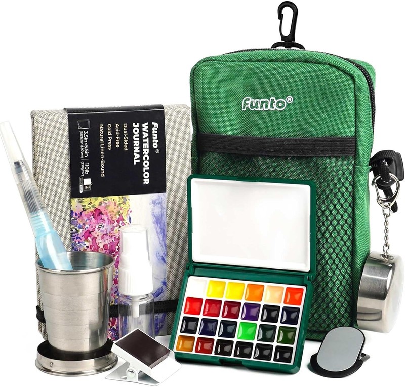 24-Color Travel Watercolor Paint Set with Crossbody Bag Journal Water Cup NEW