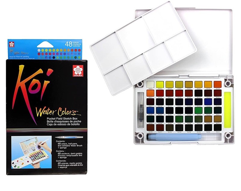 Sakura Koi Watercolour Paint Field Sketch Box – Brush, Sponge & 48 Colours