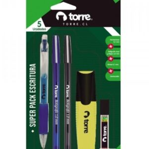 Set Escritura 2 Bolígrafos, Destacador Amarillo, Portaminas 0.7 y Minas 0.7 Torre